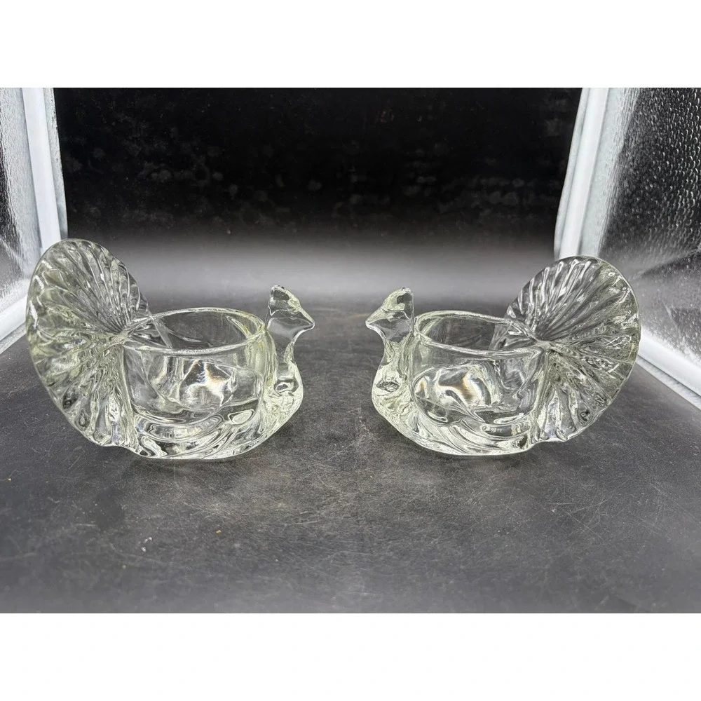 Vintage Avon Clear Glass Turkey Salt Cellars Votive Holders Pair Thanksgiving